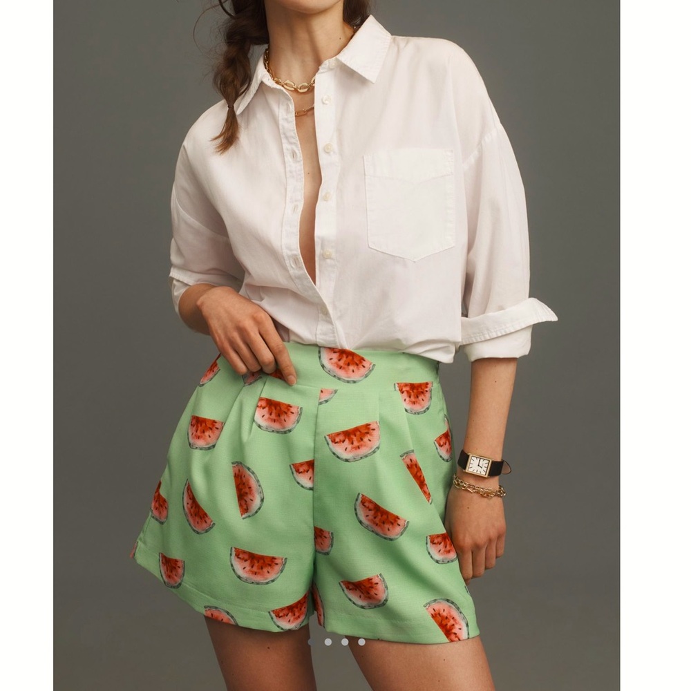 Anthropologie Pleated Shorts Hutch Silky Printed New Novelty Green Watermelon